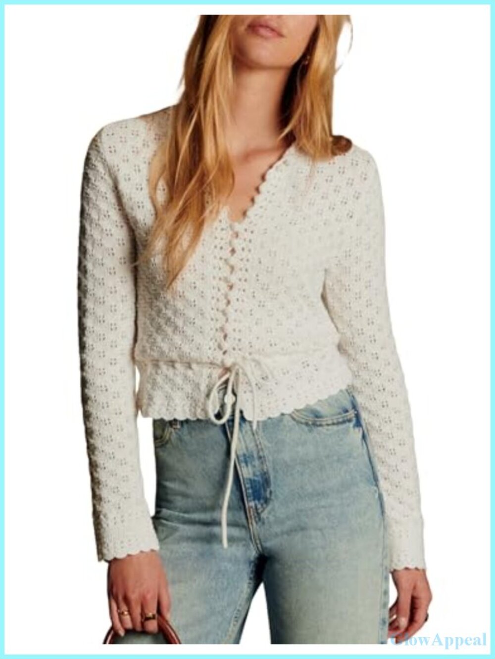 Crochet Knit Cardigan Lightweight Tie Front Long Sleeve Open Front Sweater Women